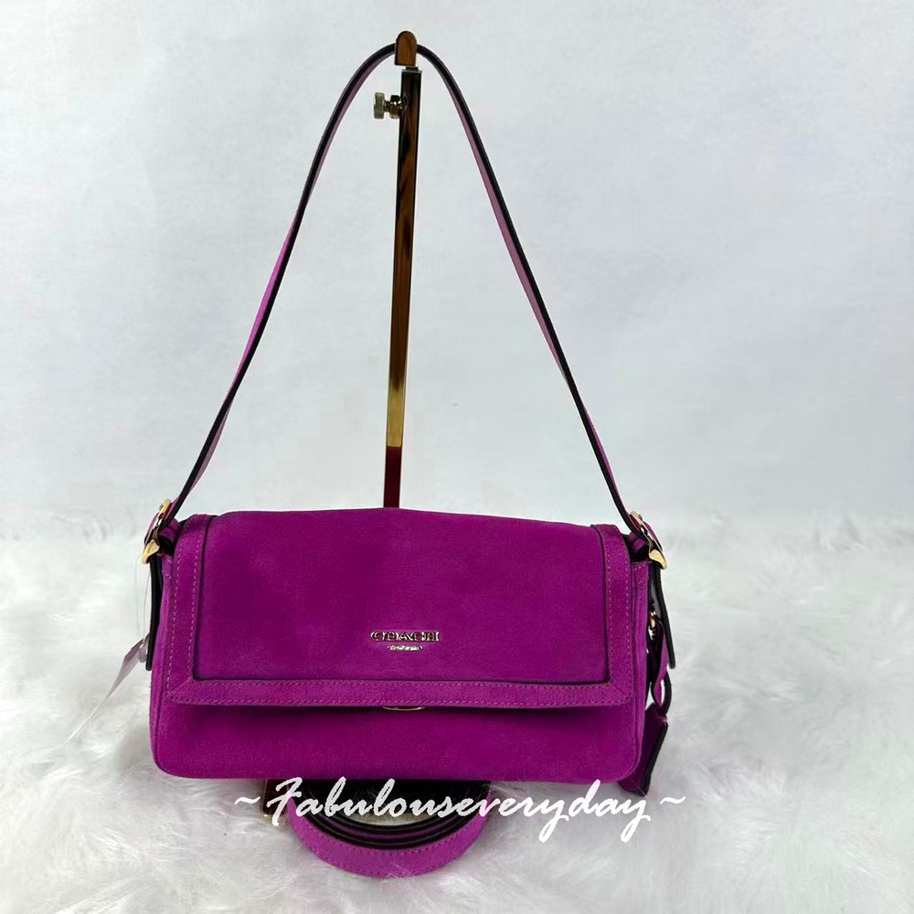 Coach Etta Small Flap Shoulder Bag Crossbody Suede/Gold/Magenta Pink CGV53 NWT
